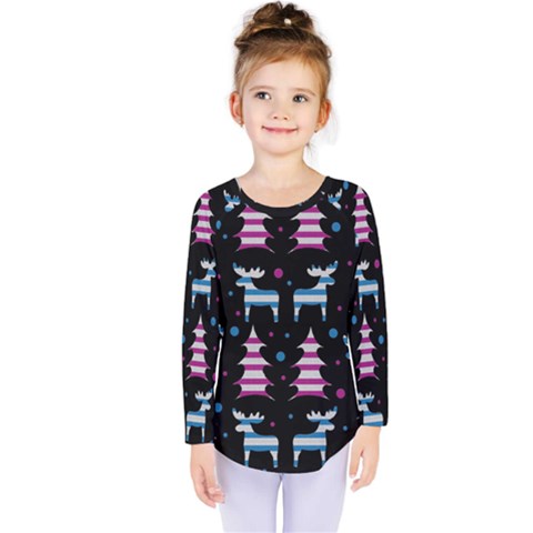 Blue And Pink Reindeer Pattern Kids  Long Sleeve Tee by Valentinaart