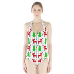 Reindeer Elegant Pattern Halter Swimsuit by Valentinaart