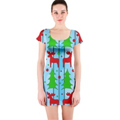 Xmas Reindeer Pattern - Blue Short Sleeve Bodycon Dress by Valentinaart