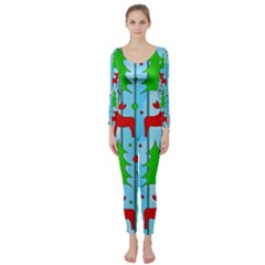 Xmas Reindeer Pattern - Blue Long Sleeve Catsuit by Valentinaart