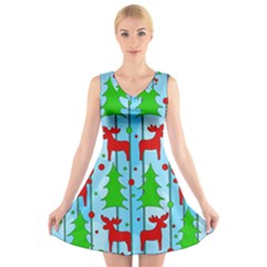 Xmas Reindeer Pattern - Blue V-neck Sleeveless Skater Dress by Valentinaart