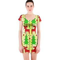 Xmas Reindeer Pattern - Yellow Short Sleeve Bodycon Dress by Valentinaart