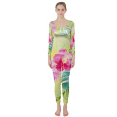 Tropical Dream Hibiscus Pattern Long Sleeve Catsuit by DanaeStudio