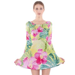 Tropical Dream Hibiscus Pattern Long Sleeve Velvet Skater Dress