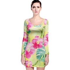 Tropical Dream Hibiscus Pattern Long Sleeve Velvet Bodycon Dress