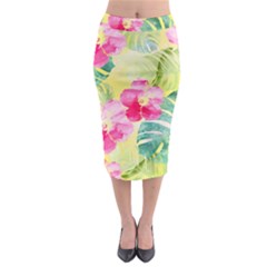 Tropical Dream Hibiscus Pattern Midi Pencil Skirt