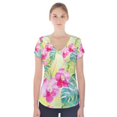 Tropical Dream Hibiscus Pattern Short Sleeve Front Detail Top