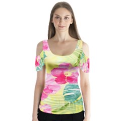 Tropical Dream Hibiscus Pattern Butterfly Sleeve Cutout Tee 