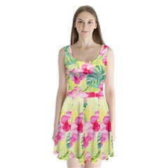 Tropical Dream Hibiscus Pattern Split Back Mini Dress 