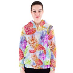 Colorful Pineapples Over A Blue Background Women s Zipper Hoodie