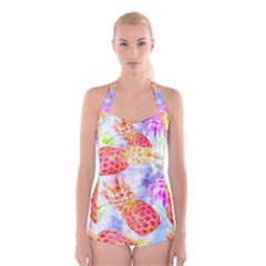 Colorful Pineapples Over A Blue Background Boyleg Halter Swimsuit 