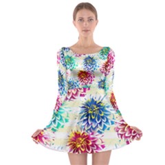 Colorful Dahlias Long Sleeve Skater Dress