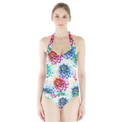 Colorful Dahlias Halter Swimsuit by DanaeStudio