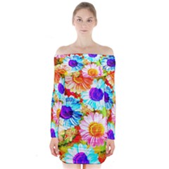 Colorful Daisy Garden Long Sleeve Off Shoulder Dress