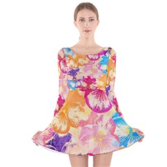 Colorful Pansies Field Long Sleeve Velvet Skater Dress