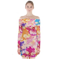 Colorful Pansies Field Long Sleeve Off Shoulder Dress