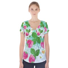 Cute Strawberries Pattern Short Sleeve Front Detail Top