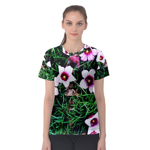 Pink Flowers Over A Green Grass Women s Sport Mesh Tee by DanaeStudio