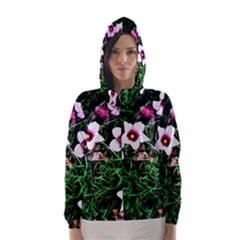 Pink Flowers Over A Green Grass Hooded Wind Breaker (women)