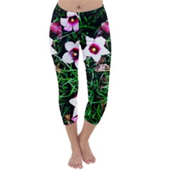 Pink Flowers Over A Green Grass Capri Winter Leggings 