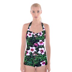 Pink Flowers Over A Green Grass Boyleg Halter Swimsuit 