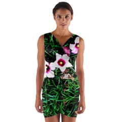 Pink Flowers Over A Green Grass Wrap Front Bodycon Dress