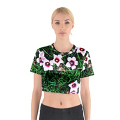 Pink Flowers Over A Green Grass Cotton Crop Top