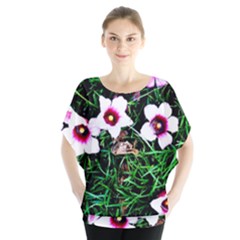 Pink Flowers Over A Green Grass Blouse