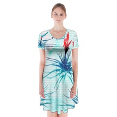 Tillansia Flowers Pattern Short Sleeve V-neck Flare Dress