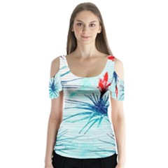 Tillansia Flowers Pattern Butterfly Sleeve Cutout Tee 