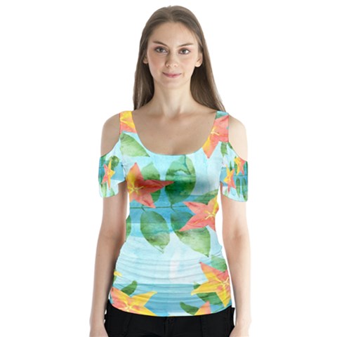 Tropical Starfruit Pattern Butterfly Sleeve Cutout Tee  by DanaeStudio