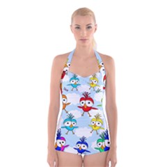 Cute colorful birds  Boyleg Halter Swimsuit 