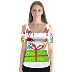 Cute Xmas Birds Butterfly Sleeve Cutout Tee 