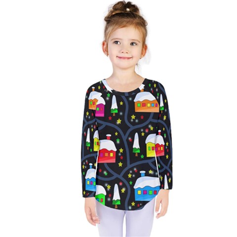 Winter Magical Night Kids  Long Sleeve Tee by Valentinaart