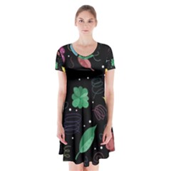 Colorful Floral Design Short Sleeve V-neck Flare Dress