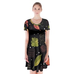 Autumn Flowers  Short Sleeve V-neck Flare Dress