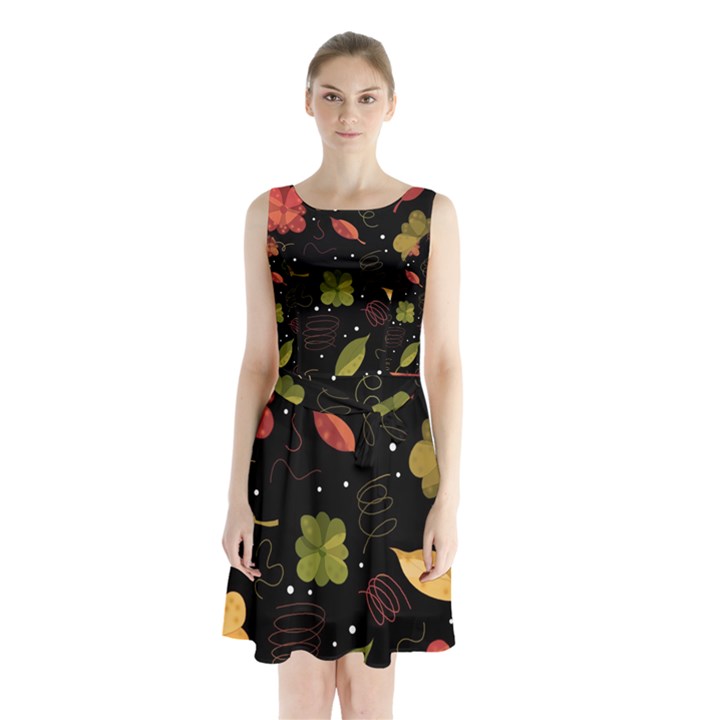 Autumn flowers  Sleeveless Chiffon Waist Tie Dress