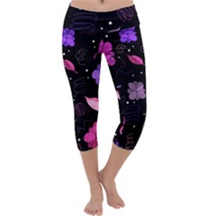 Purple And Pink Flowers  Capri Yoga Leggings