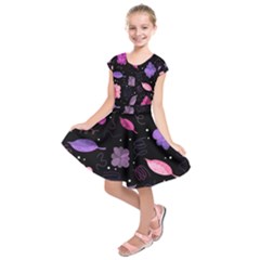 Purple And Pink Flowers  Kids  Short Sleeve Dress