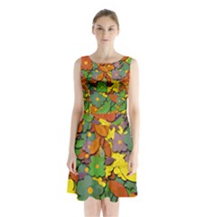 Decorative Flowers Sleeveless Chiffon Waist Tie Dress