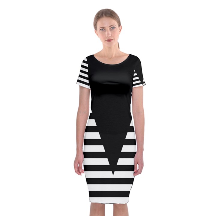 Black & White Stripes Big Triangle Classic Short Sleeve Midi Dress