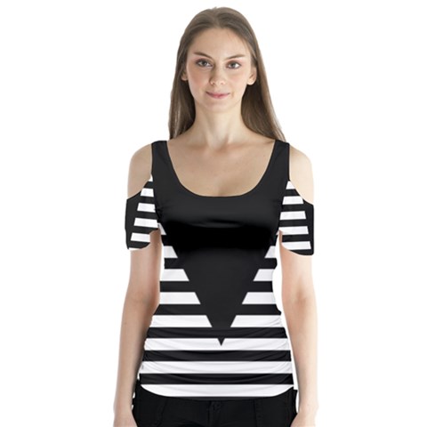 Black & White Stripes Big Triangle Butterfly Sleeve Cutout Tee  by EDDArt