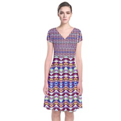 Ethnic Colorful Pattern Short Sleeve Front Wrap Dress