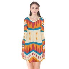 Mirrored Shapes In Retro Colors                    Long Sleeve V-neck Flare Dress