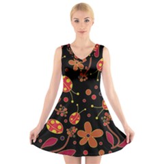 Flowers And Ladybugs 2 V-neck Sleeveless Skater Dress by Valentinaart