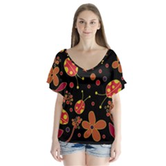 Flowers And Ladybugs 2 Flutter Sleeve Top