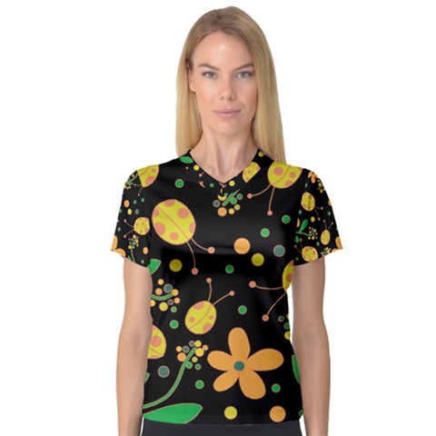 Ladybugs And Flowers 3 Women s V-neck Sport Mesh Tee by Valentinaart