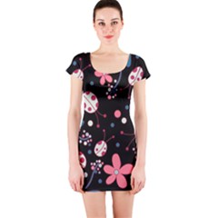 Pink Ladybugs And Flowers  Short Sleeve Bodycon Dress by Valentinaart