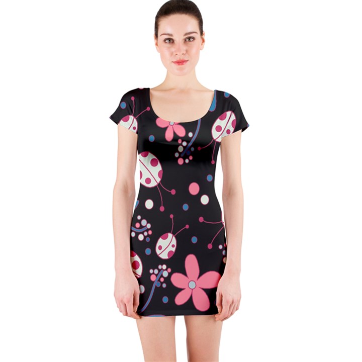 Pink ladybugs and flowers  Short Sleeve Bodycon Dress