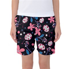 Pink Ladybugs And Flowers  Women s Basketball Shorts by Valentinaart